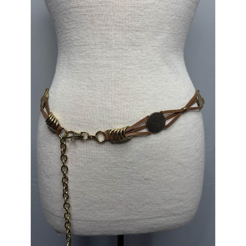 Womens Boho Tan Faux Leather Medallion Chain Belt Antique Gold Tone Adjustable